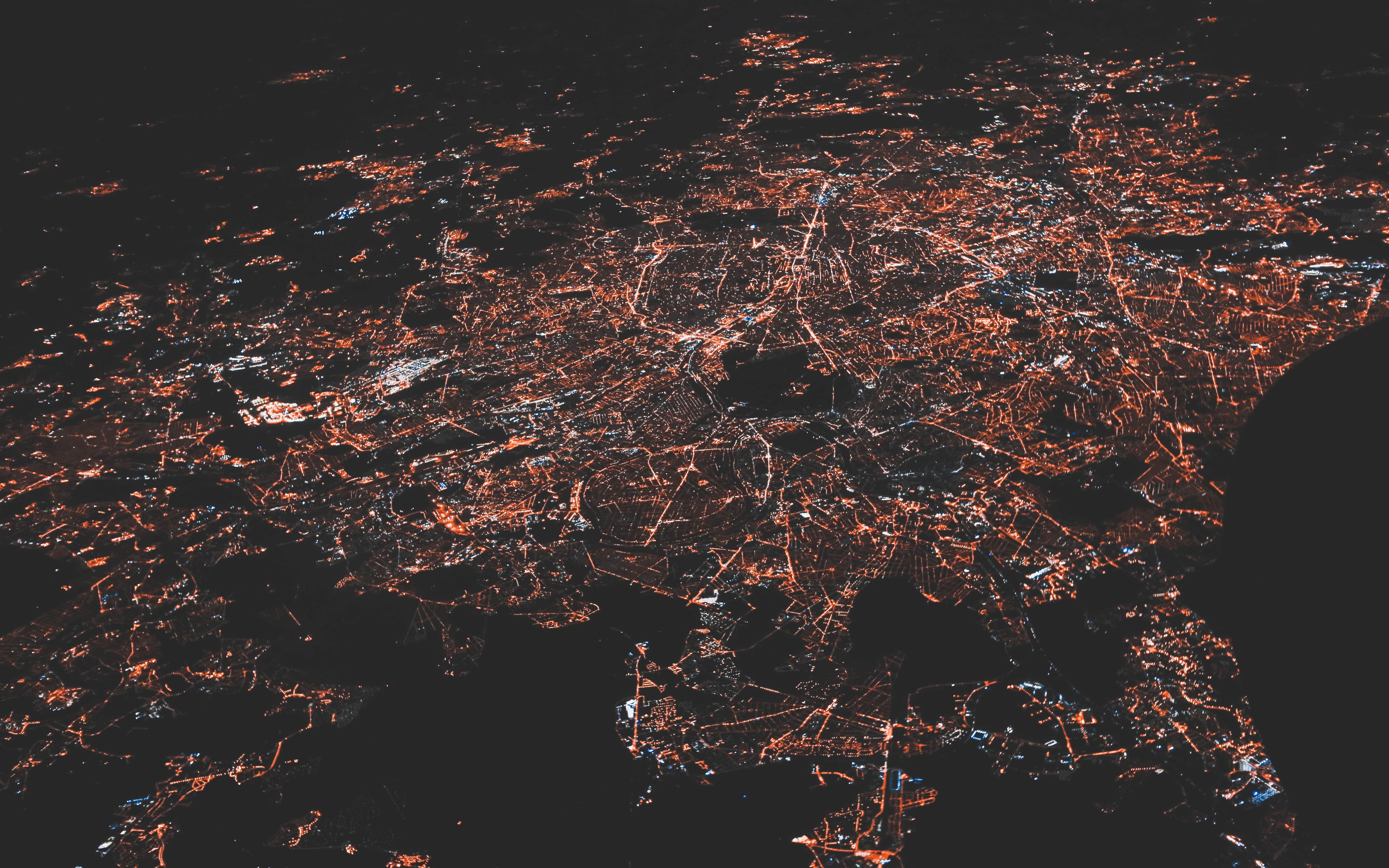 Birds-eye view of a large city at night