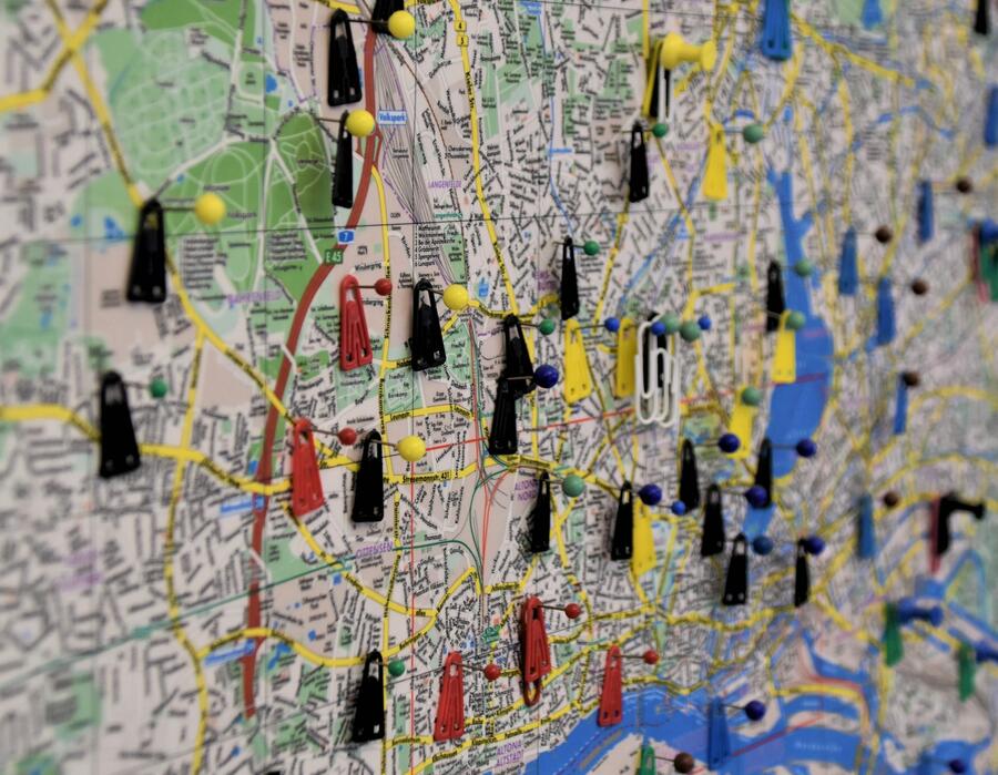 Pins and markers on a map of Hamburg